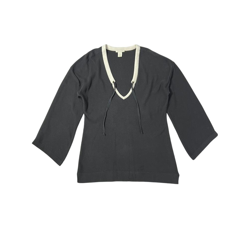 White + Warren Black Cotton V Neck Tunic Sweater SIZE M Cream Trim Drawcord